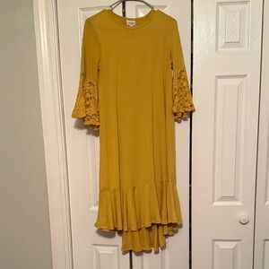 LuLaRoe Maurine Ruffle Flowy Midi Dress Size Extra Small Business Casual Golden